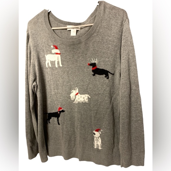 Blinged out Christopher & Banks dogs Christmas sweater petite P/XL gray - Picture 1 of 6